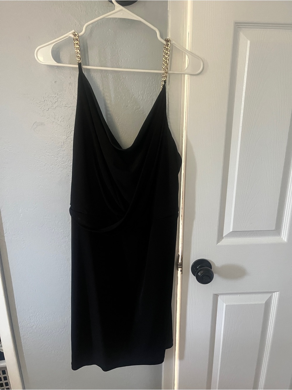Calvin Klein Black Cowl Neck Mini Dress with Gold Chain Straps
